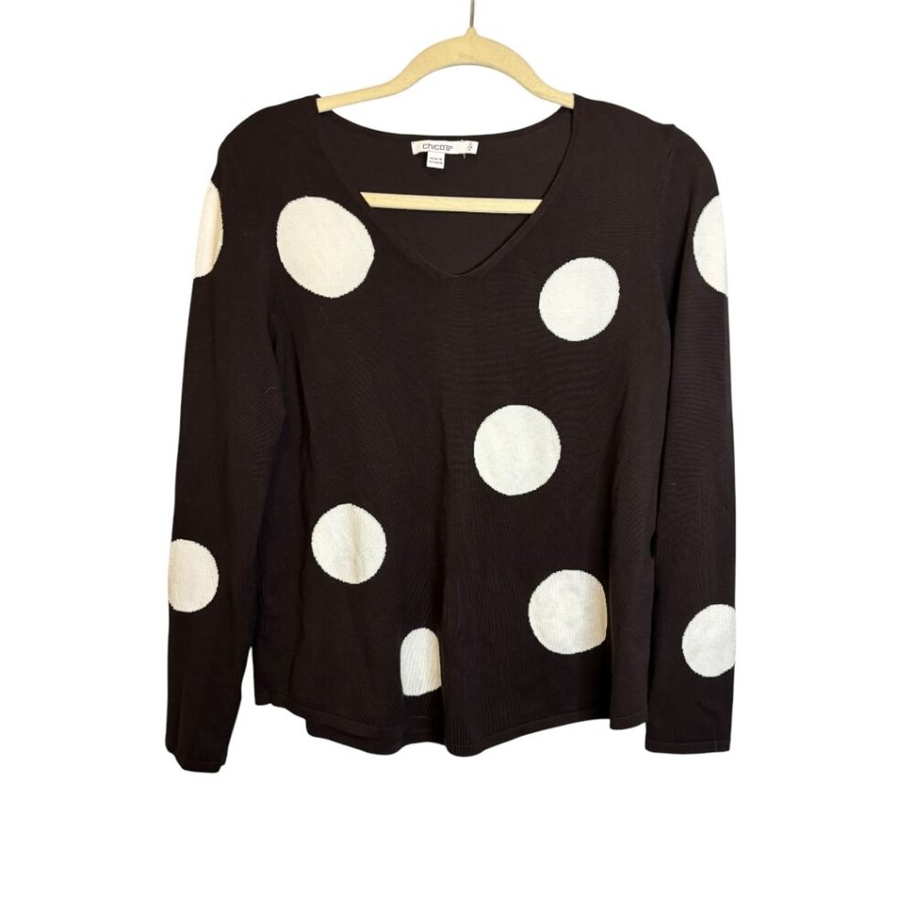Chico's Sweater Women's Small Polka Dots V-Neck Brown White Chicos 0